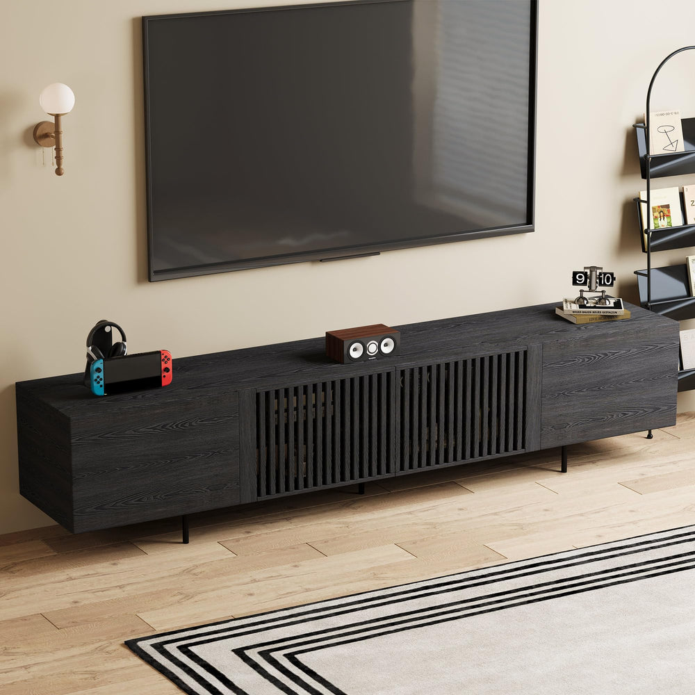 94" Mid-Century Modern Black TV Stand with Wood Slatted Doors & Metal Base