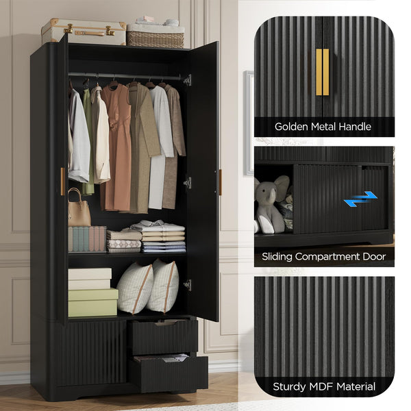 71" Tall Armoire Wardrobe with Drawers & Sliding Cabinet