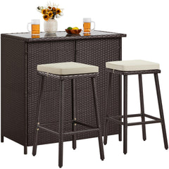 3-Piece Outdoor Patio Bar Set with Glass Top Table & Cushioned Stools