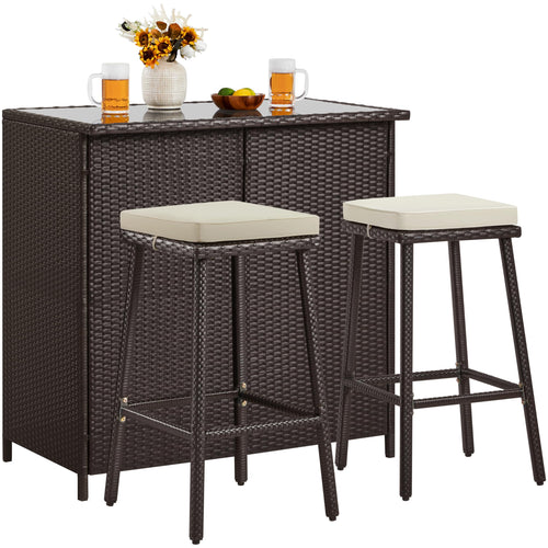 3-Piece Outdoor Patio Bar Set with Glass Top Table & Cushioned Stools