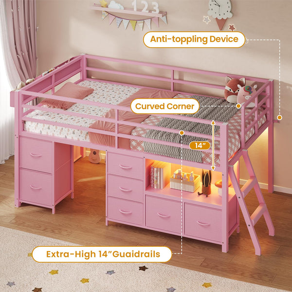 Low Loft Bed Twin Size with Storage Drawers, Bookcase and LED Lights