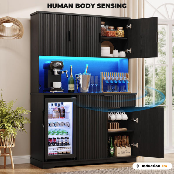 Fluted Kitchen Pantry with Wine Fridge & LED Bar Cabinet