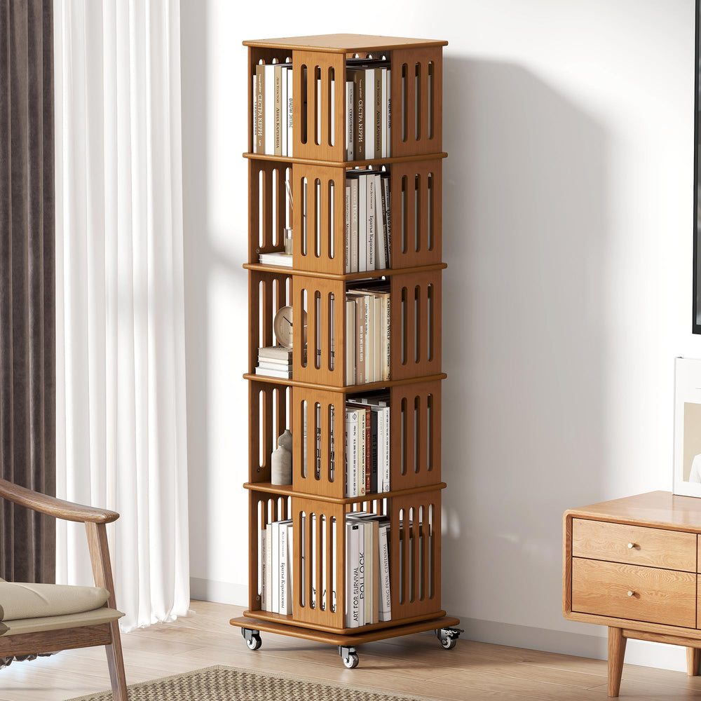 Bamboo Rotating Bookshelf Tower with Wheels