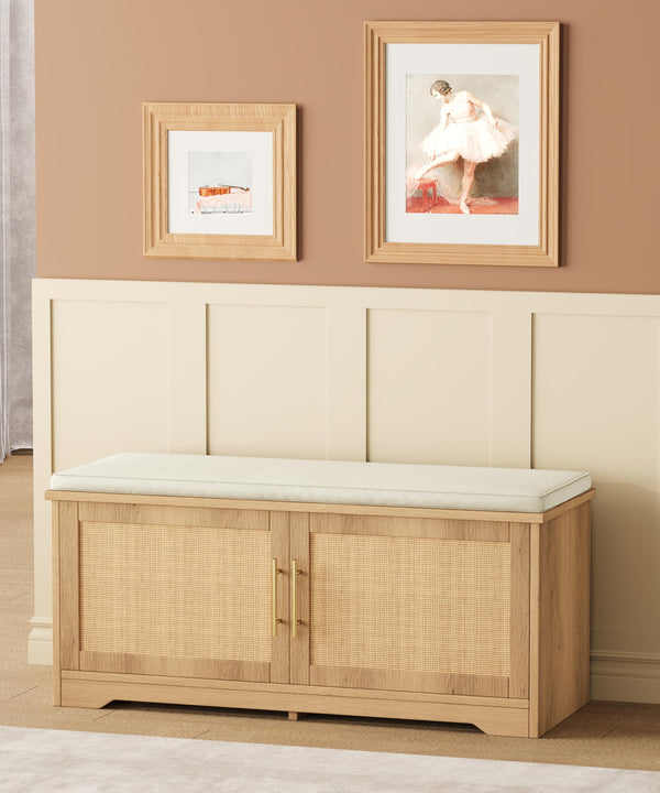 Rattan Shoe Storage Bench with Cushion & Adjustable Shelf