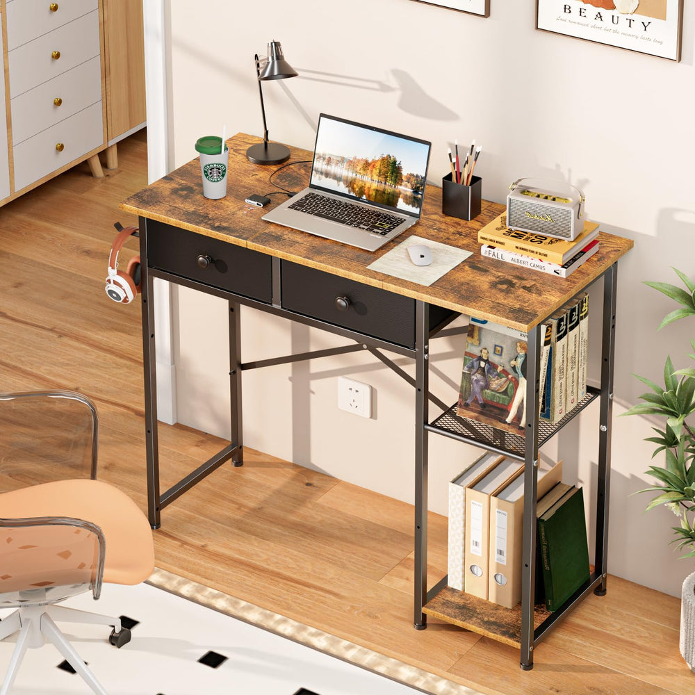 Small Computer Desk with Drawers & Storage Shelves
