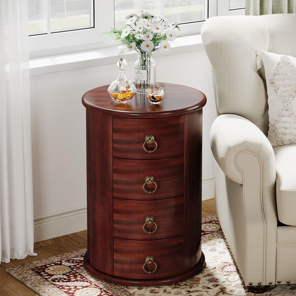 Round Solid Wood Side Table with 4 Drawers – Set of 2