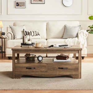 Farmhouse Coffee Table with Storage Drawers and Open Shelf