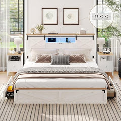 Farmhouse Bed Frame with Storage Headboard, LED Lights & Charging Station