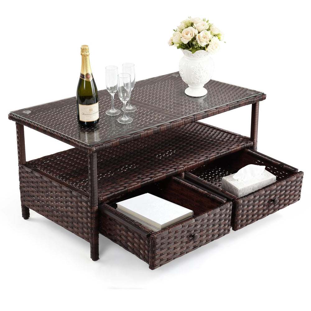 Outdoor Wicker Coffee Table with Drawers & Tempered Glass Top