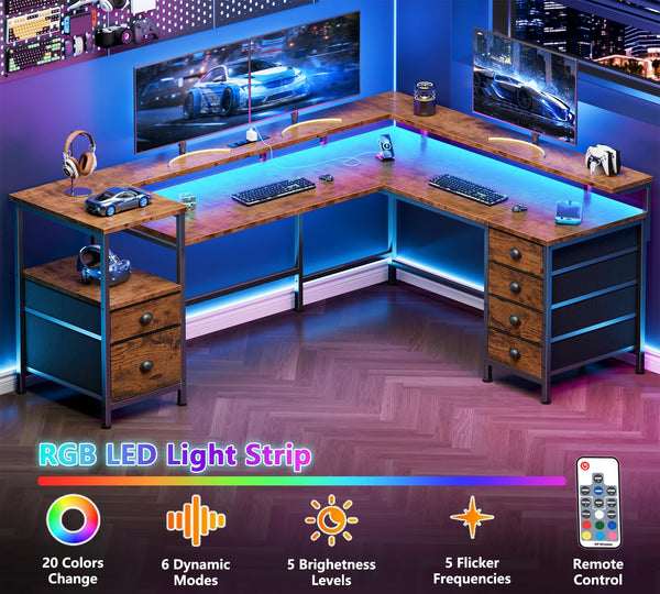 Reversible L-Shaped Gaming Desk with 6 Drawers, Monitor Stand & Power Outlets