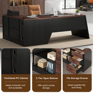 L-Shaped Executive Desk 78-Inch with Power Outlet & File Cabinet