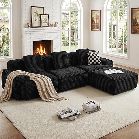 VK·LIVING 113" Cloud Sectional Couch, Deep Seat Boneless Sofa with Wide Armrests, Modular Plush Corduroy Memory Foam Couch for Living Room Office, No Assembly Needed, Orange