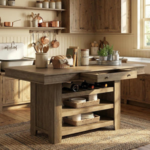 Counter Height Dining Table with Wine Rack & Storage Drawers