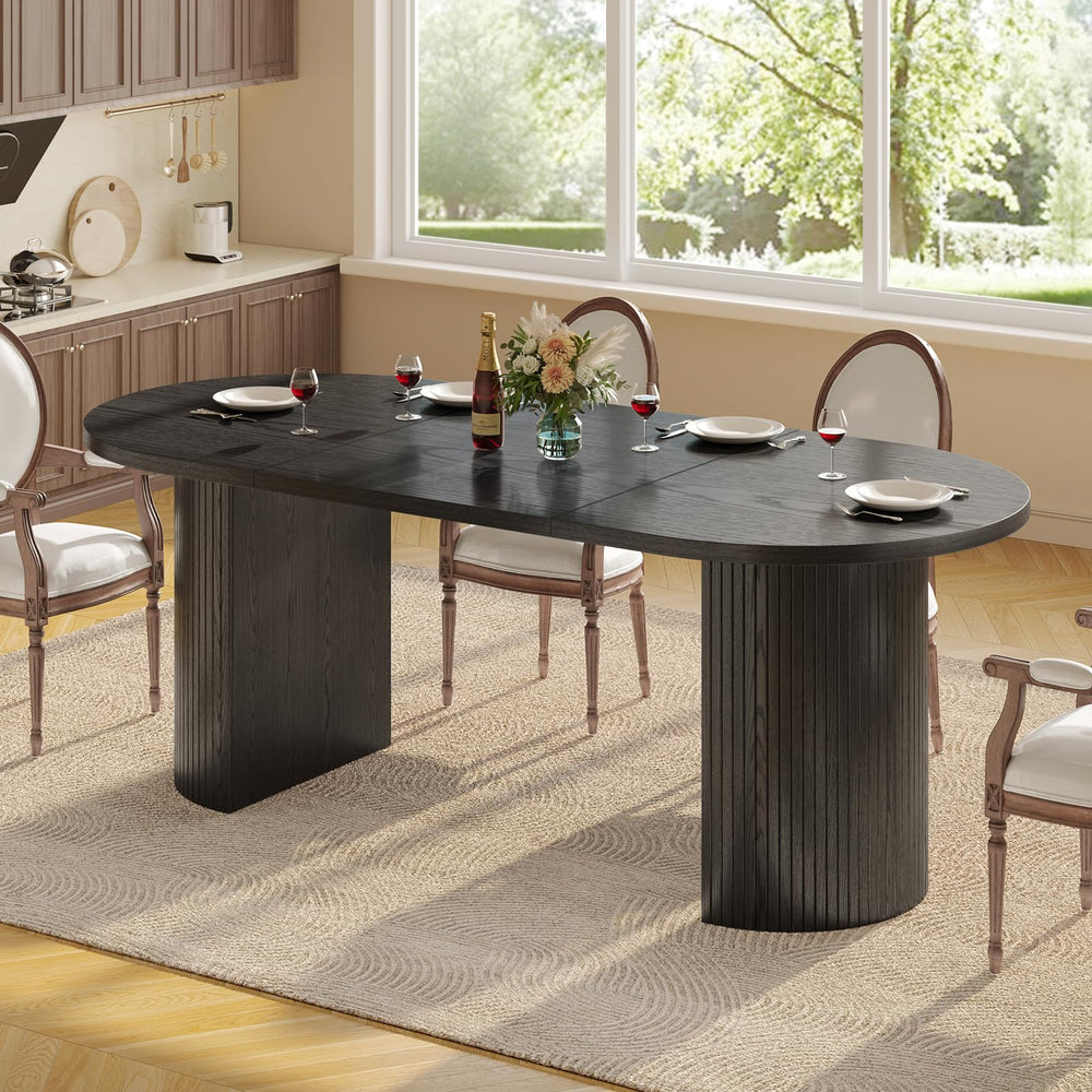70.8 Inch Oval Dining Table for 4-6 | Modern Kitchen Table with Fluted Wood Strip Base