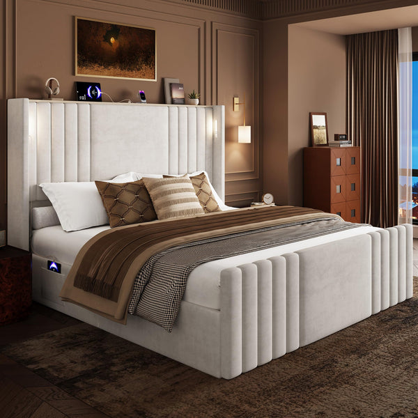 Queen Velvet Platform Bed with Wingback Headboard & Reading Lights