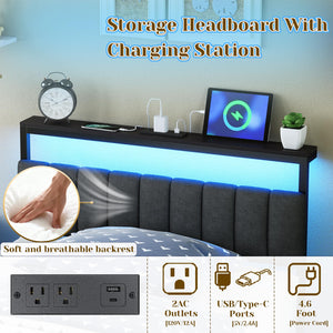 Twin Bed Frame with Headboard, LED Lights & Charging Station
