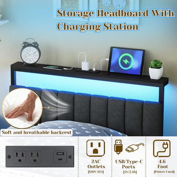 Twin Bed Frame with Headboard, LED Lights & Charging Station