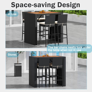 5-Piece Outdoor Wicker Bar Set with Acacia Wood Table & Cushioned Stools
