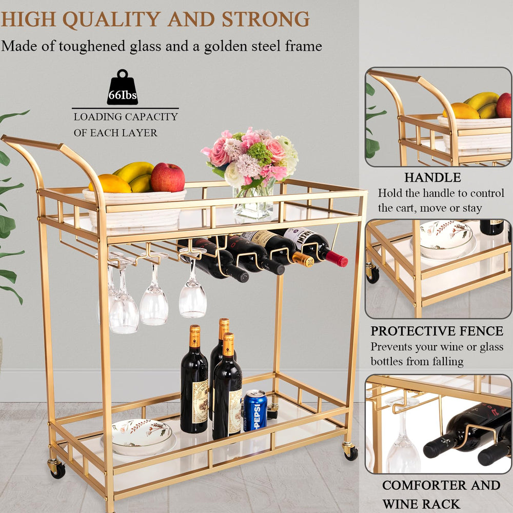 Gold 2-Tier Bar Cart with Wheels
