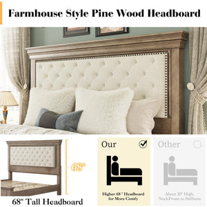 King Bed Frame with Tall Upholstered Headboard – Solid Pine Wood Platform Bed