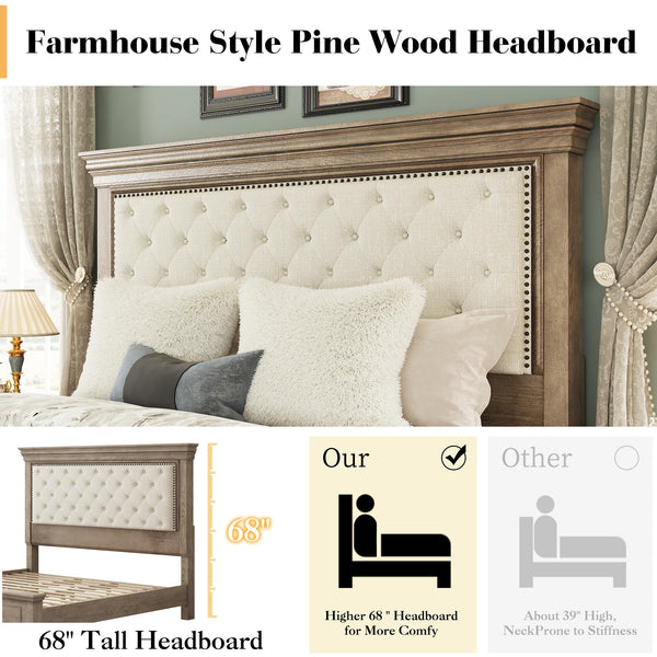 King Bed Frame with Tall Upholstered Headboard – Solid Pine Wood Platform Bed