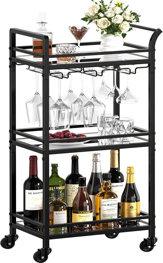 Rolling Bar Cart with Wine Rack & Glass Holder