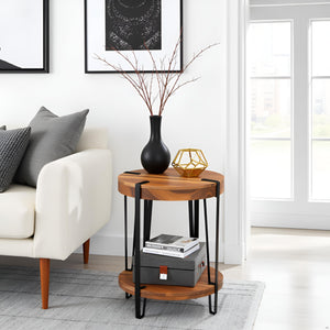 2-Tier Round Acacia Wood & Metal End Table with Bottom Shelf