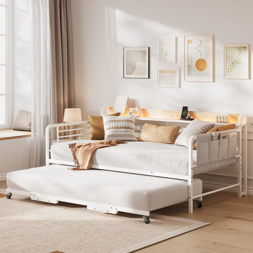 Twin Daybed with Pop-Up Trundle, RGB LED Headboard & Charging Station