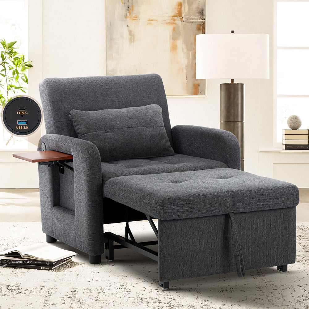 Convertible Sleeper Chair with USB Port & Foldable Table
