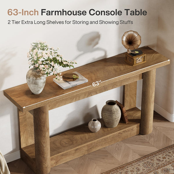 63-Inch Farmhouse Console Table with 2-Tier Storage