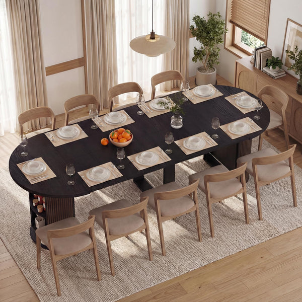 Expandable Round Dining Table with Storage Pedestal Base — Seats 2 to 12