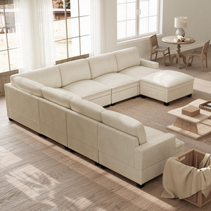 Oversized Modular Sectional Sofa – 4-Seat Corduroy Couch with Nailhead Trim & Storage Ottoman