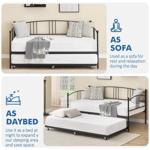 IDEALHOUSE Twin Daybed with Trundle, Metal Twin Size Daybed with Pullout Trundle 6 Casters, Steel Slat Support Sofa Bed for Living Room, Bedroom, Guest Room (Black)