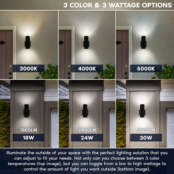 12 Inch Dimmable LED Outdoor Wall Sconce - Up Down Light 3CCT IP65 ETL (2 Pack)