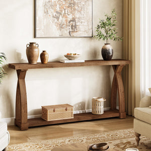 63-Inch Solid Wood Console Table with 2-Tier Storage