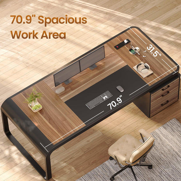70.9" Executive Desk with File Cabinet & Charging Station