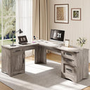 L-Shaped Farmhouse Executive Desk with Drawers & Charging Station