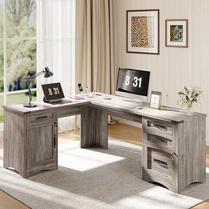 L-Shaped Farmhouse Executive Desk with Drawers & Charging Station