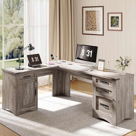 L-Shaped Farmhouse Executive Desk with Drawers & Charging Station