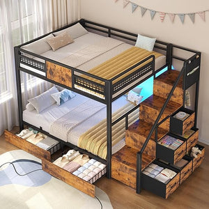 Twin Over Twin Bunk Bed with Stairs & LED Lights