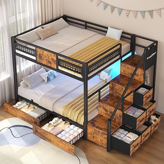 Twin Over Twin Bunk Bed with Stairs & LED Lights