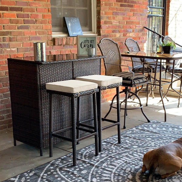 3-Piece Outdoor Patio Bar Set with Glass Top Table & Cushioned Stools
