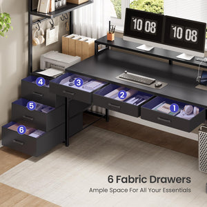 L-Shaped Gaming Desk with 6 Drawers, LED Lights & Power Outlet