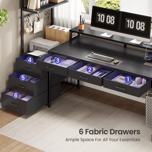 L-Shaped Gaming Desk with 6 Drawers, LED Lights & Power Outlet