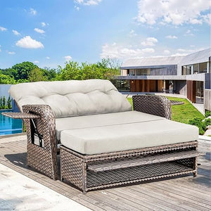 Outdoor Wicker Recliner Daybed Loveseat with Stowable Side Trays