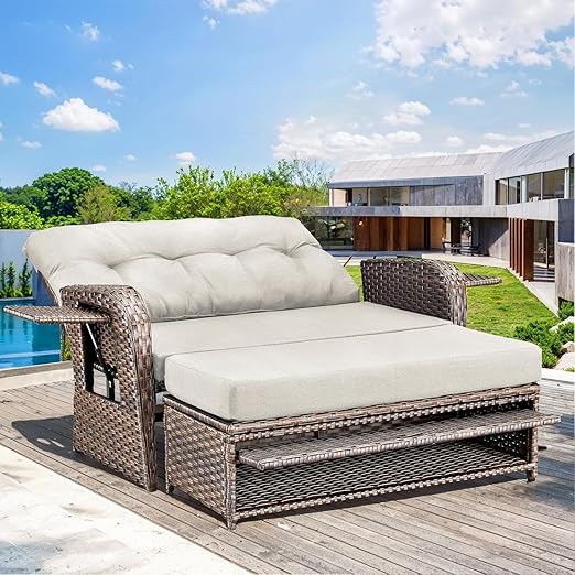 Outdoor Wicker Recliner Daybed Loveseat with Stowable Side Trays