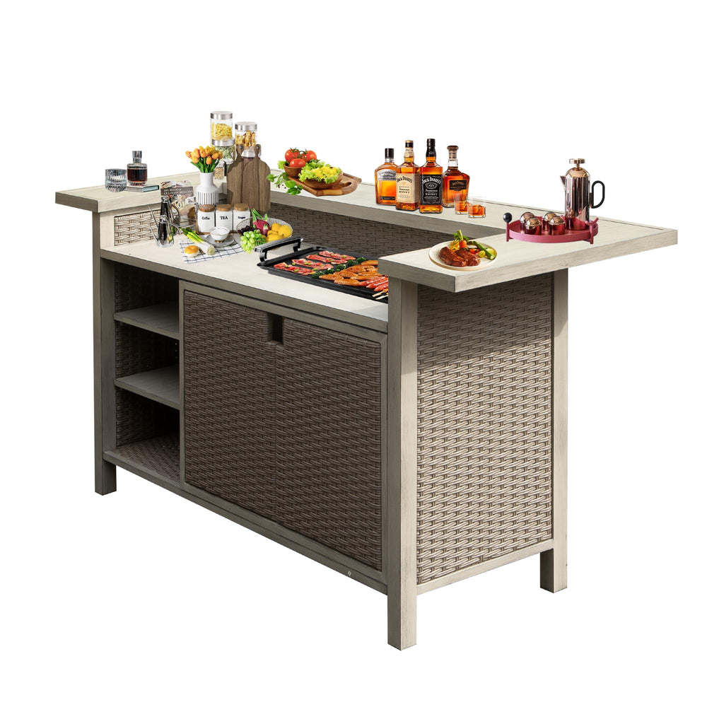 Outdoor Aluminum PE Wicker Bar Table with Cabinet & Storage