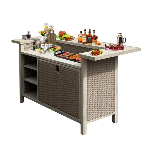 Outdoor Aluminum PE Wicker Bar Table with Cabinet & Storage
