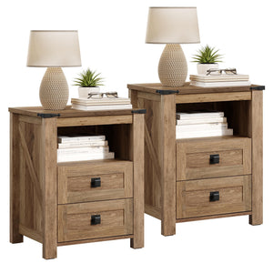 Farmhouse Nightstand Set of 2 with Drawer & Open Shelf