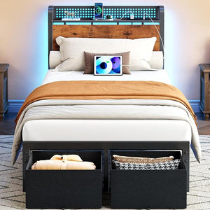 Queen Bed Frame with Storage Headboard, LED Lights & 2 Drawers